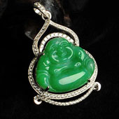 糯冰种阳绿缅甸翡翠A货镶白金玉佛胸坠（真钻）