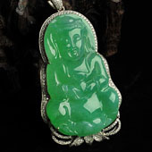 冰种苹果绿缅甸翡翠A货镶白金观音胸坠（真钻）