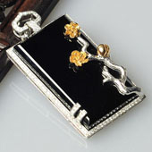 冰种墨翠缅甸翡翠A货镶白金玫瑰金方牌胸坠（真钻）