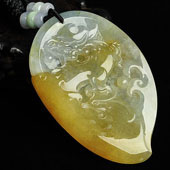 冰种黄翡略飘花缅甸翡翠A货龙凤呈祥挂件