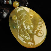 冰种黄翡略飘花缅甸翡翠A货财神挂件