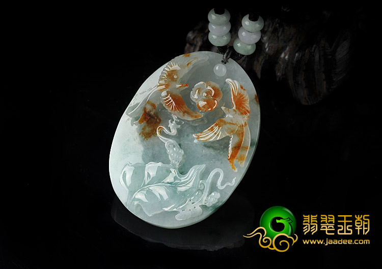 糯冰种红黄翡飘花缅甸翡翠A货比翼双飞挂件