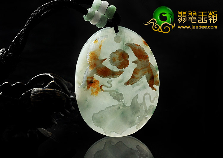 糯冰种红黄翡飘花缅甸翡翠A货比翼双飞挂件