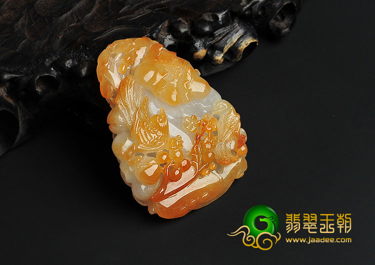 糯冰种红黄翡缅甸翡翠A货富贵双喜挂件