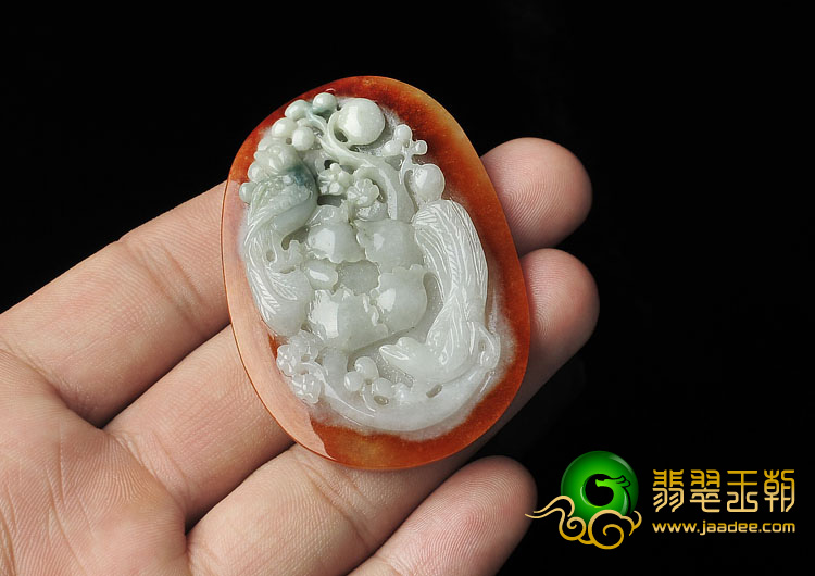 糯冰种红黄翡缅甸翡翠A货富贵花开挂件
