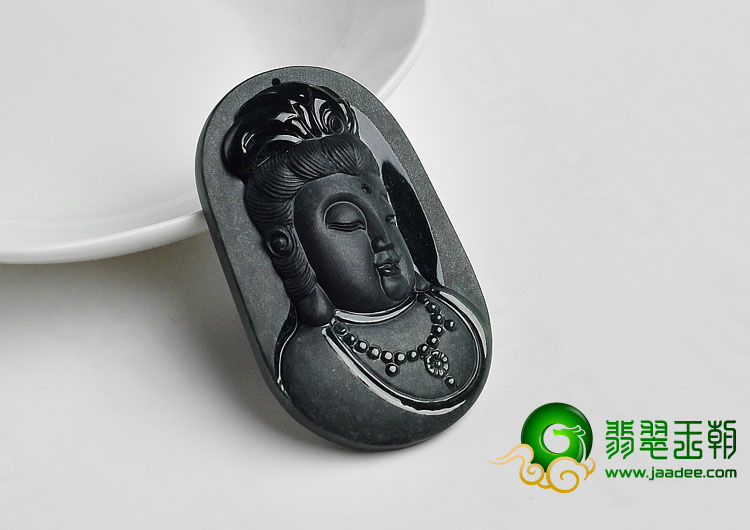 糯冰种墨翠缅甸翡翠A货观音头挂件