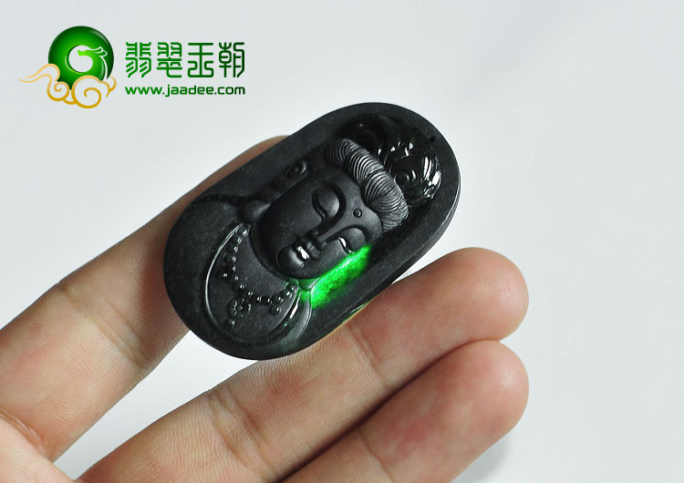 糯冰种墨翠缅甸翡翠A货观音头挂件