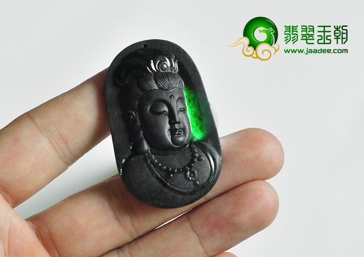 糯冰种墨翠缅甸翡翠A货观音头挂件