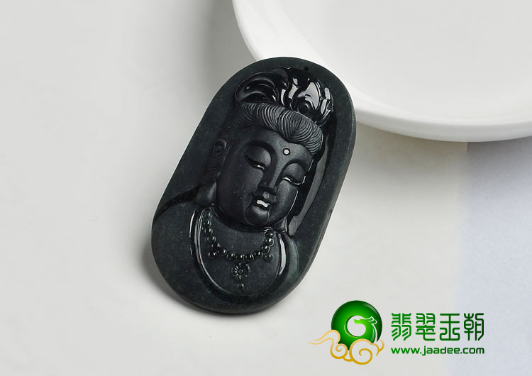 糯冰种墨翠缅甸翡翠A货观音头挂件