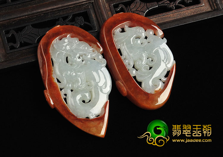 糯冰种红翡缅甸翡翠A货龙凤呈祥挂件（一对）