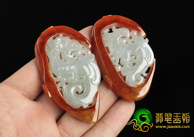 糯冰种红翡缅甸翡翠A货龙凤呈祥挂件（一对）