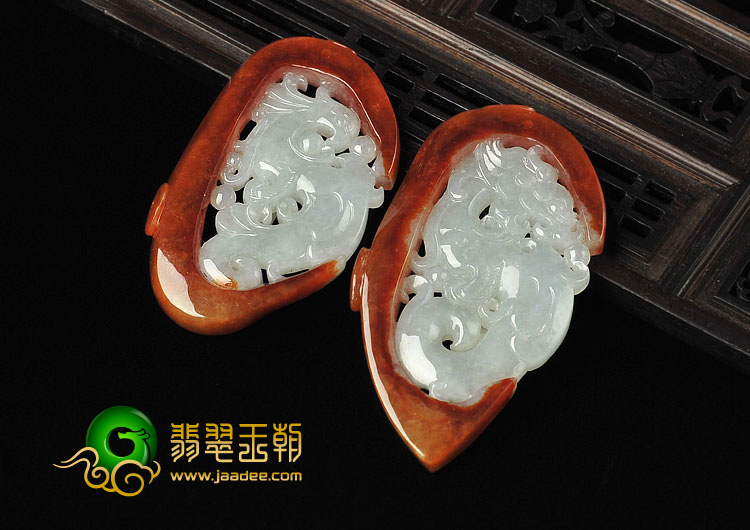 糯冰种红翡缅甸翡翠A货龙凤呈祥挂件（一对）