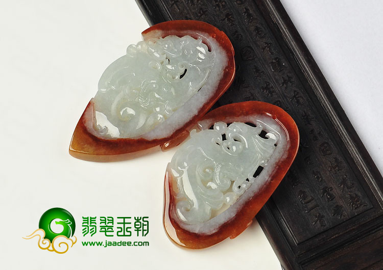 糯冰种红翡缅甸翡翠A货龙凤呈祥挂件（一对）