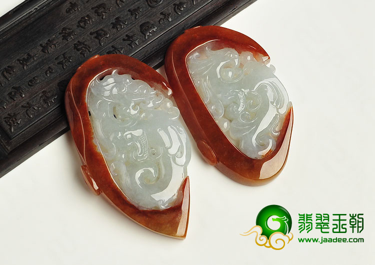 糯冰种红翡缅甸翡翠A货龙凤呈祥挂件（一对）