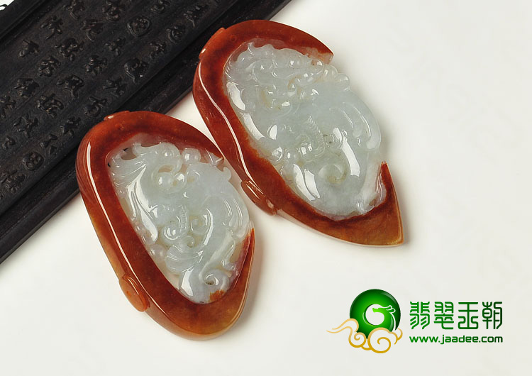 糯冰种红翡缅甸翡翠A货龙凤呈祥挂件（一对）