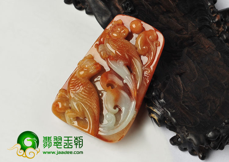 糯冰种红黄翡缅甸翡翠A货双宿双飞挂件