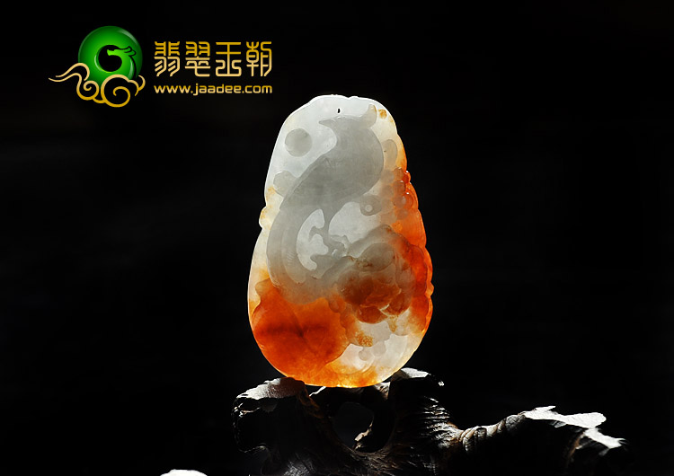 糯冰种红黄翡缅甸翡翠A货凤戏牡丹挂件