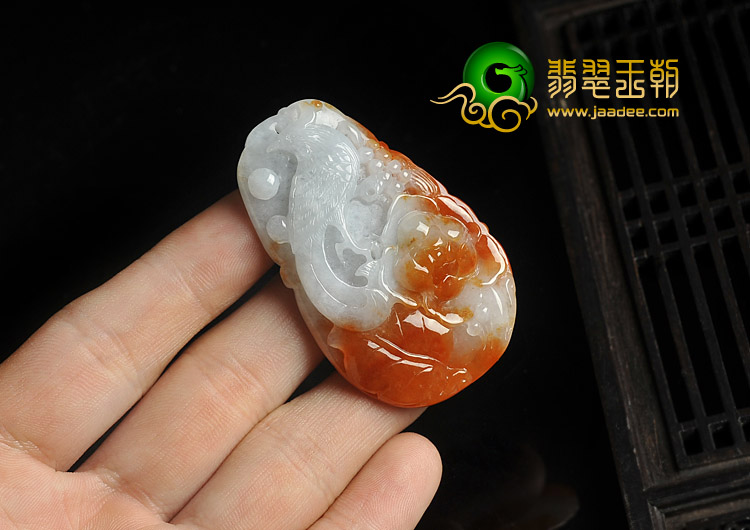 糯冰种红黄翡缅甸翡翠A货凤戏牡丹挂件