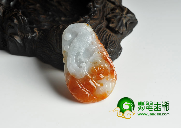糯冰种红黄翡缅甸翡翠A货凤戏牡丹挂件
