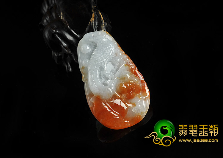 糯冰种红黄翡缅甸翡翠A货凤戏牡丹挂件
