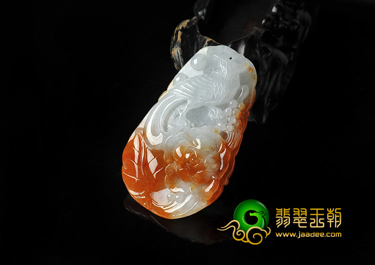 糯冰种红黄翡缅甸翡翠A货凤戏牡丹挂件
