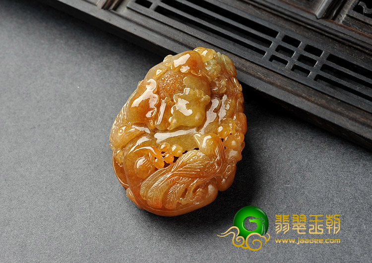 糯冰种褐黄翡缅甸翡翠A货富贵双喜挂件