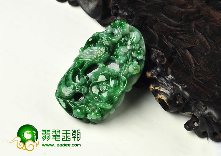 糯冰种飘翠缅甸翡翠A货富贵花开挂件