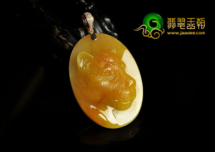 （大师精工）糯冰种黄翡缅甸翡翠A货狮子头挂件（一对）