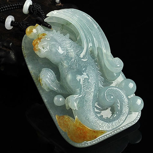 冰种晴水略带黄翡缅甸翡翠A货飞龙挂件