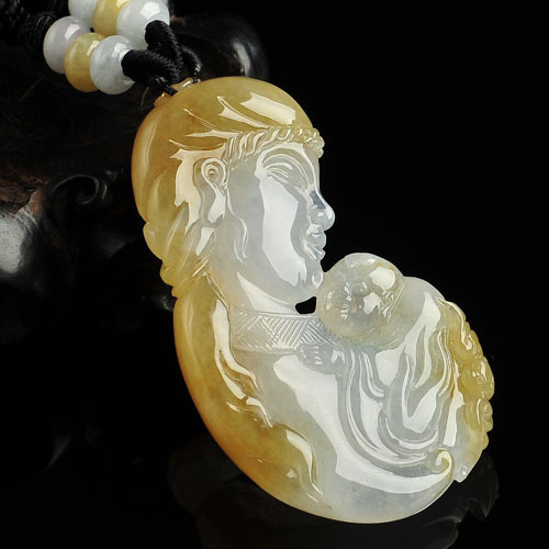 冰种褐黄翡缅甸翡翠A货母子情挂件