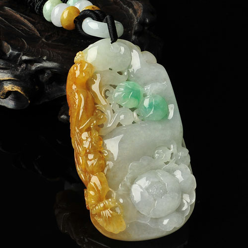 糯冰种三彩缅甸翡翠花开富贵挂件