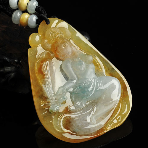 冰种黄翡飘花缅甸翡翠A货飞天挂件