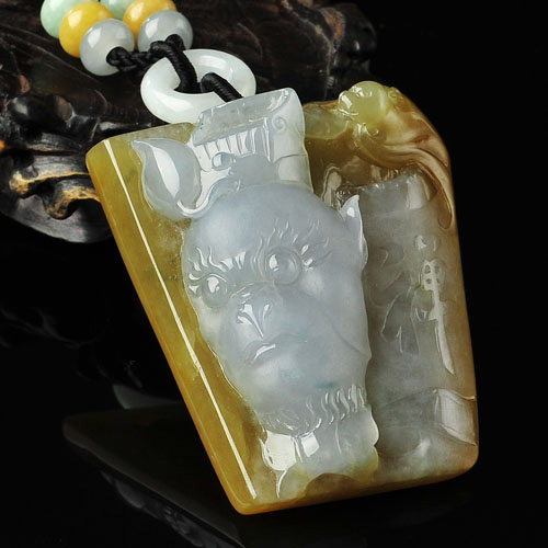 冰种褐黄翡略飘花缅甸翡翠A货齐天大圣挂件