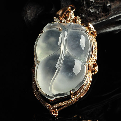 冰玻种缅甸翡翠A货镶玫瑰金金枝玉叶胸坠（真钻）