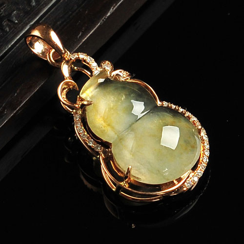 冰玻种黄翡缅甸翡翠A货镶玫瑰金葫芦胸坠（真钻）
