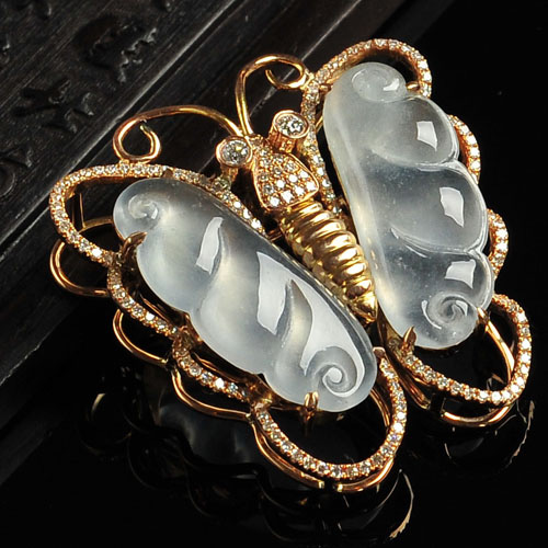 冰玻种缅甸翡翠A货镶玫瑰金蝴蝶胸坠（真钻）