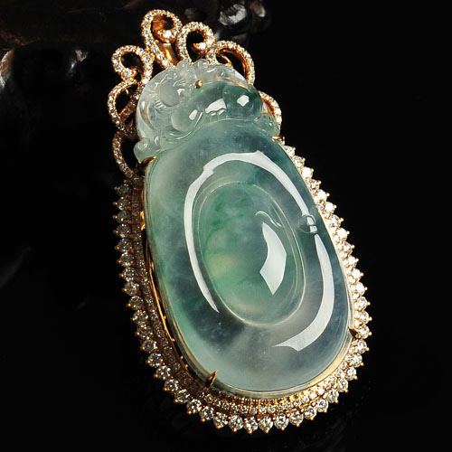 冰种飘花缅甸翡翠A货镶玫瑰金福在眼前胸坠（真钻）