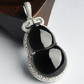 冰种墨翠缅甸翡翠A货镶白金葫芦胸坠（真钻）