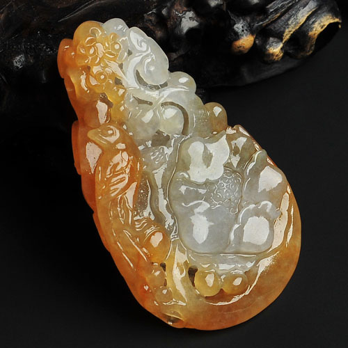 糯冰种黄翡缅甸翡翠A货富贵花开挂件