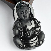 细糯种墨翠缅甸翡翠A货观音挂件