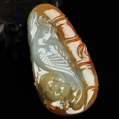 糯冰种褐红翡缅甸翡翠A货花鸟如意挂件