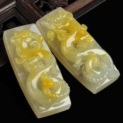 冰种黄翡缅甸翡翠A货龙凤牌挂件（一对）