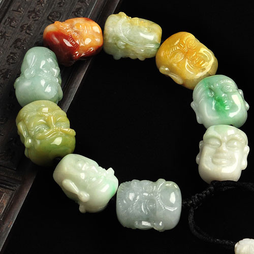 糯冰种三彩缅甸翡翠A货罗汉头手链