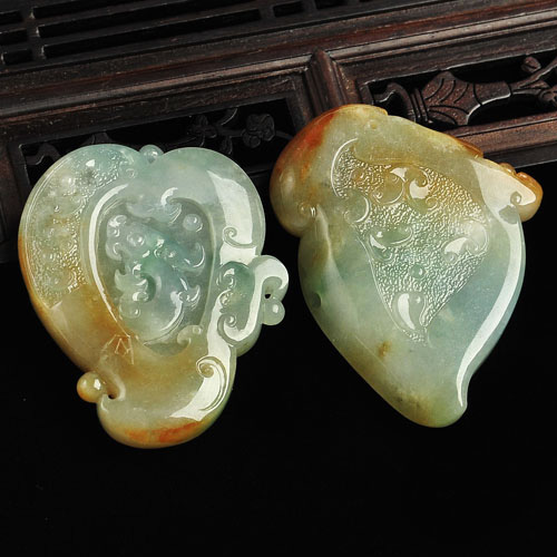 冰种淡三彩缅甸翡翠A货仿古龙凤呈祥挂件（一对）