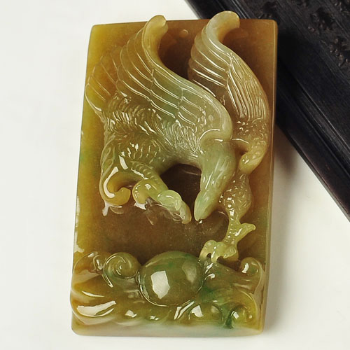 糯冰种褐黄翡缅甸翡翠A货大展鸿途挂件