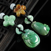 糯冰种翠色/黄加绿缅甸翡翠A货如意寿/福瓜挂链（单价）