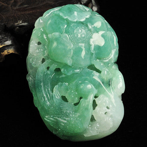 糯冰种翠色缅甸翡翠A货富贵花开挂件