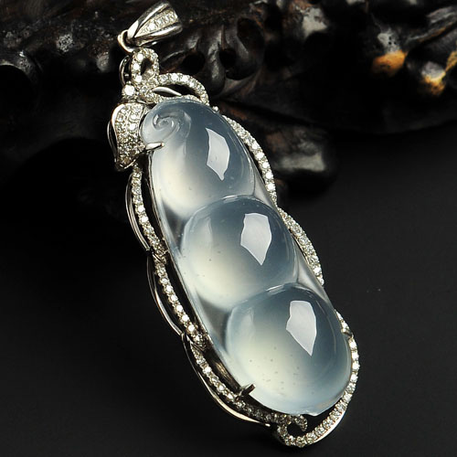 冰玻种晴水缅甸翡翠A货镶白金豆子胸坠（真钻）
