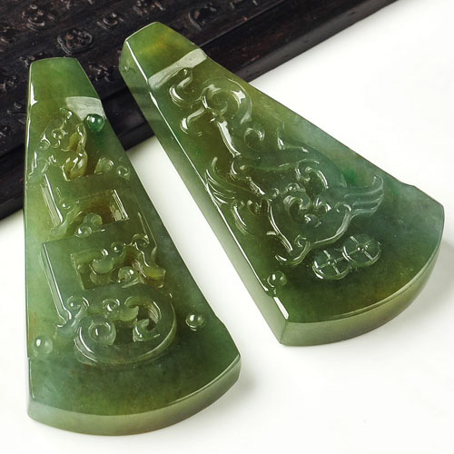 冰种褐黄翡缅甸翡翠A货仿古龙凤牌挂件（一对）