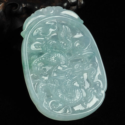 冰种飘花缅甸翡翠A货龙牌挂件